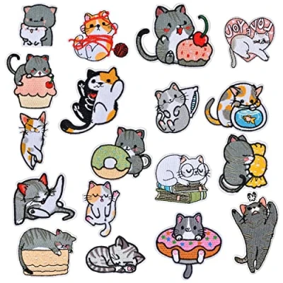 Imagen de 18Piezas Parches Termoadhesivos, Bordados para Gato Kit de Reparación Pantalones, Ropa Algodón, Ropa, Planchar y Coser