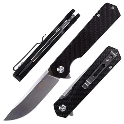 Imagen de Firebird GANZO FH11S CF cuchillo plegable de bolsillo, mango fibra carbono con clip, hoja acero D2, equipo caza, camping, carpeta al aire libre, bolsillo EDC (CF negro)