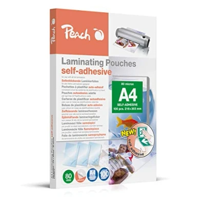 Imagen de Peach S PP080 17 Láminas para plastificar A4 (80 micras, 100 bolsas, parte trasera autoadhesiva, adecuada imágenes o carteles, etc