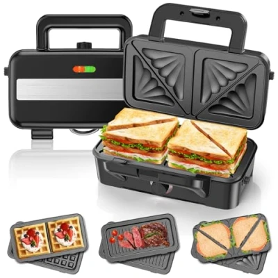 Imagen de Cumeod Sandwicheras Gofrera 3 en 1, 1200W Sándwiches &amp; Control de Temperatura 5 Velocidades y Platos Desmontables para Tostadas, Gofres, Panini, Recubrimiento Antiadherente, Fácil Limpieza