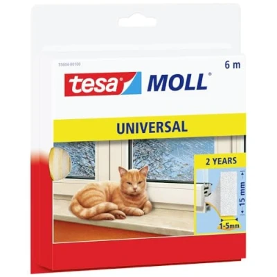 Imagen de tesa 55604 00100 00 tesamoll Universal Burlete de Espuma Adhesiva para Ventanas y Puertas Junta Aislante Térmico Acústico Rellena Huecos 1 a 5 mm Tamaño: 6 m x 15 Blanco