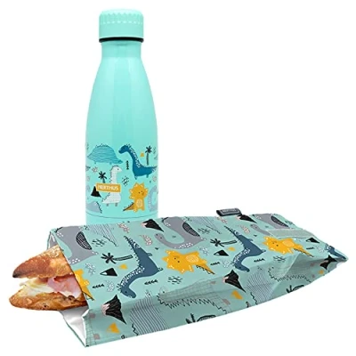 Imagen de NERTHUS FIH 1029 SET Botella Doble Pared Acero Inox + Bolsa Bocadillo Dinosaurio