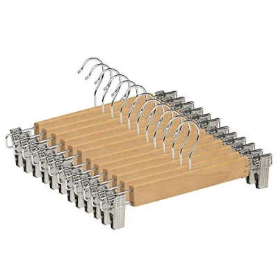 Imagen de COM FORT HOUSE Percha de Madera Maciza Color Natural con Pinzas Gancho Giratorio Ideal para Faldas Pantalones y Vaqueros Pack 12 Unidades