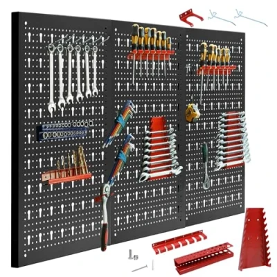 Imagen de CCLIFE Estantería de bricolaje para pared herramientas 3 piezas con 25 Soportes Panel perforado Taller 120 x 60 2 cm