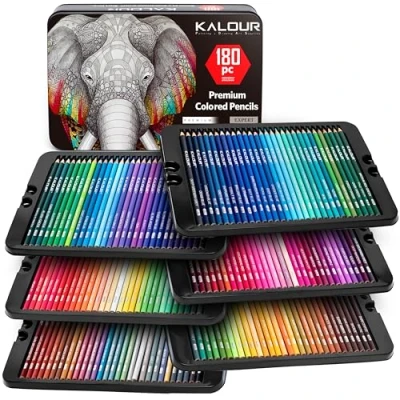 Imagen de KALOUR Juego de 180 lápices colores para artistas adultos, núcleo suave pigmento rico, 12 metálicos, ideal colorear, dibujar, bocetos, mezclar sombreado, vibrantes
