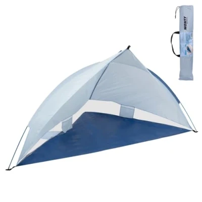 Imagen de Tienda Paravientos playa refugio de 220x110x112 cm, cortavientos rejillas ventilación y 4 bolsillos, carpa tejido Oxford azul, protección solar UPF+50 waterproof, incluye 3 piquetas