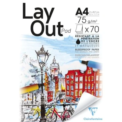 Imagen de Clairefontaine 96533C Bloc Encollé Papier Layout 70 Feuilles Blanc Uni Extra Lisse A4 21x29,7 cm 75g Idéal pour le Dessin au Feutre à Alcool