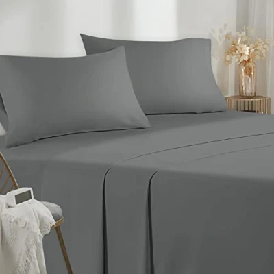 Imagen de Poligino Sabanas Cama 160 Juego Sábanas 4 Piezas Bajera Ajustable Encimera 2 Funda de Almohada 50x80 (Cama 160x190/200 cm, Gris Oscuro)
