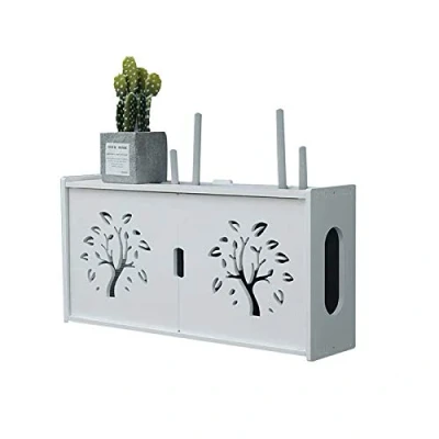 Imagen de Estantería de enrutador pared, color blanco, caja almacenamiento para router WiFi, decodificador TV caja, madera y plástico fácil