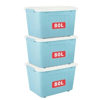 Imagen de Cetomo caja de almacenamiento plástico 80 L x 3, azul, mano, contenedor organizador con tapa duradera y hebillas enganche seguras, apilable encajable, paquete hebilla