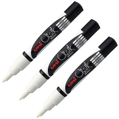 Imagen de Faber Castell UNI ball 205080 Marcador de tiza y ventana CHALK PWE 3MS, 3 rotuladores blancos, punta redonda 0,9 1,3 mm