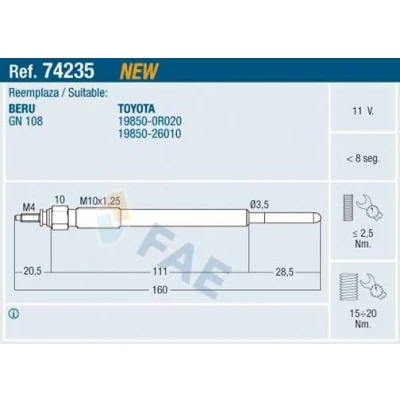 Imagen de FAE 74235 Bujía de precalentamiento 11V M 10x1,25 TOYOTA: Corolla Verso, Avensis II Berlina, Auris Hatchback
