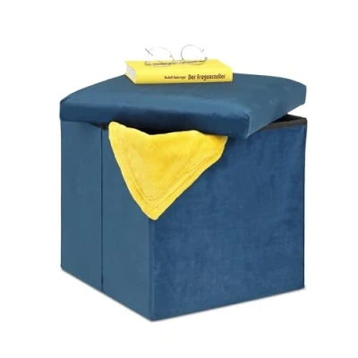 Imagen de Relaxdays Espacio de Almacenamiento Acolchado Taburete Plegable Terciopelo, Puff Almacenaje, 38 x cm, Baúl Tapizado MDF, Azul, Gomaespuma