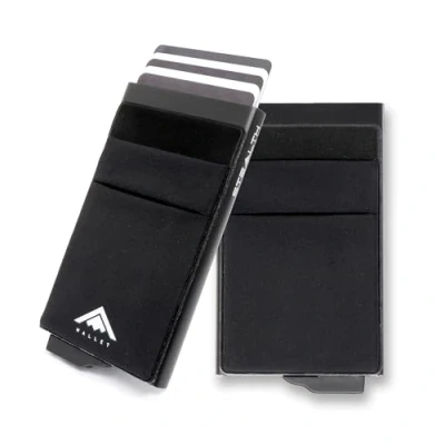 Imagen de Stealth Wallet Tarjetero Hombre con Protección RFID Cartera Pop Up y Caja de Regalo Porta Tarjetas Crédito Metal Delgado Ligero (Cuero Negro, Cierre Magnético)