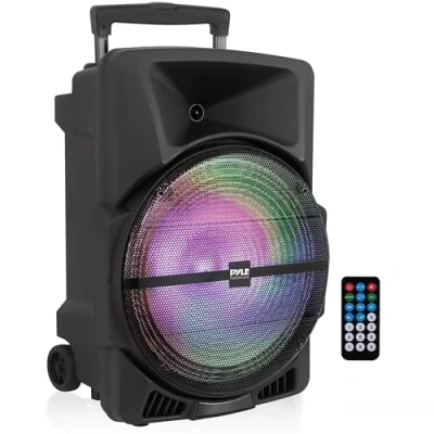 Imagen de PYLE Sistema de Altavoces, PA,1200W, Bluetooth, Portatil, Recargable, Interiores, Exteriores, subwoofer 12, Tweeter 1, grabación, micrófono, Luces Fiesta, Radio USB/SD, Negro