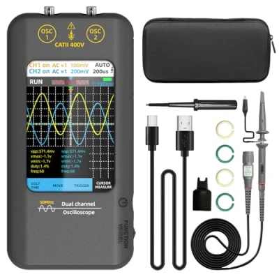 Imagen de BSIDE Osciloscopio Digital Portátil 2 Canales 50MHz de Bolsillo con Pantalla Táctil 3.98 Pulgadas en Color Tester Recargable Generador Señales para Electricistas Coche