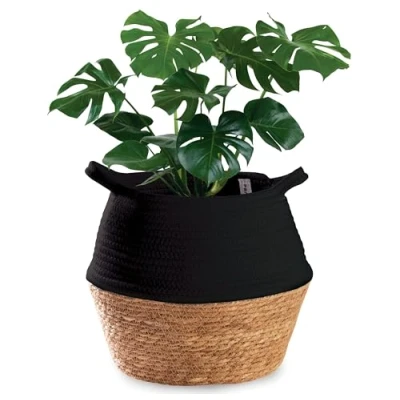 Imagen de Praknu Cesto Macetero Grande de Mimbre Hecha Algas Marinas Sostenibles y Algodón Cubre Macetas para Plantas Interior Cesta Decorativa con Asas (Negro)