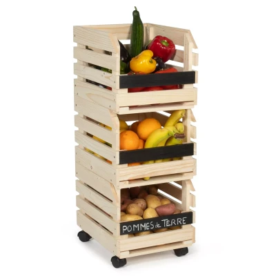 Imagen de IDMarket Juego de 3 estantes madera apilables para frutas y verduras