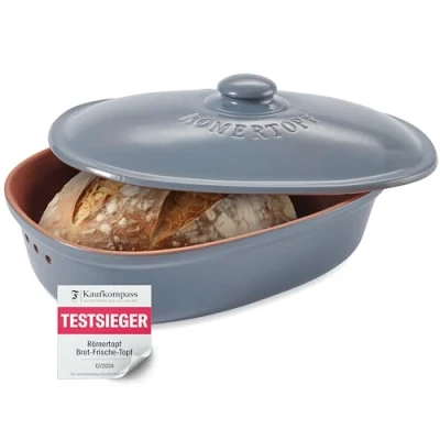 Imagen de Römertopf Panera de cerámica natural, ideal para guardar pan y bollería, 30 x 21 14,5 cm, azul grisáceo