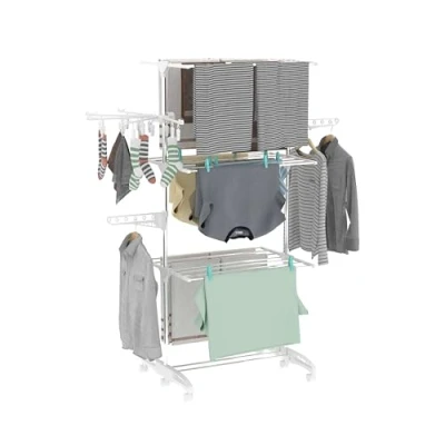 Imagen de Hyfive Tendedero extra grande de 4 niveles con accesorio para secadora calcetines, acero inoxidable, se pliega un fácil almacenamiento