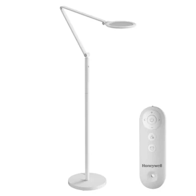 Imagen de Honeywell lámpara de pie LED F01WT Sunturalux luz regulable para el cuidado los ojos con control remoto, natural, 5 colores y brillos, alta oficina en casa