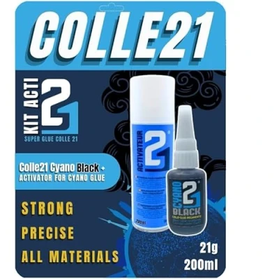 Imagen de KIT ACTI21 BLACK. Colle21, super Pegamento Cyano Colle21 &amp; Activador spray 200 ml. PARA glue cyano, superglue MODELISMO Y BRICOLAJE