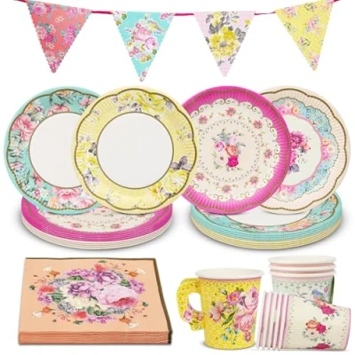 Imagen de Talking Tables Juego De Vajilla Floral Y Decoraciones Vintage Para Fiesta Té La Tarde 12 Invitados Platos Servilletas Papel Tazas Banderines Cumpleaños Día Madre