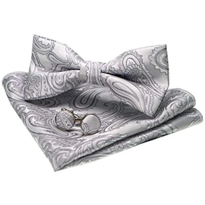 Imagen de JEMYGINS Conjunto de Pajarita y Pañuelo Paisley con Gemelos para Hombre Plateado