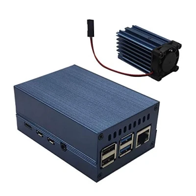 Imagen de ZkeeShop Caja de Aluminio para Raspberry Pi 4，Caja con Columna enfriamiento y Ventilador Compatible 4 Model B (No Incluye Board) (Azul)