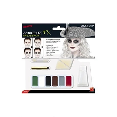 Imagen de Smiffys Kit de maquillaje barco fantasma, verde, blanco, marrón, gris y rojo, lápiz negro, aplicador 2 esponjas