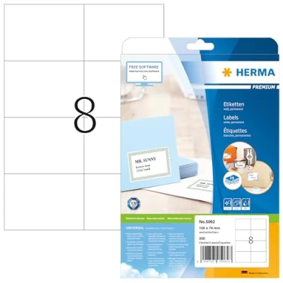 Imagen de HERMA etiquetas autoadhesivas para envío, 8 por hoja A4, 800 hojas, 105 x 74 mm, 6400 etiquetas, adhesivas en blanco, impresora láser y de inyección