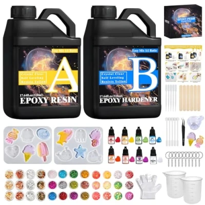 Imagen de TOSUTO Resina Epoxi Transparente,1020ml Epoxi, 1 : Manualidades,Resina Kit con pintura,purpurina,hoja de oro, Epoxy Resin para Hacer Llavero, Joyas