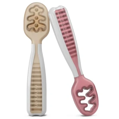 Imagen de NumNum Juego de cucharas para bebé 6 meses edad First Stage, Baby Led Weaning (BLW) Teething Spoon Self Feeding, Silicone Toddler Food Utensils 2 Spoons, beige/malva