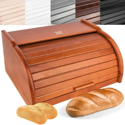 Imagen de Creative Home Grande Panera Madera Contenedor para Pan 38 x 28,5 17,5 cm (+/ 1cm) Haya Natural Laca Color Aliso Recipiente con Tapa Enrollable Guardar Bollos Alimentos Secos