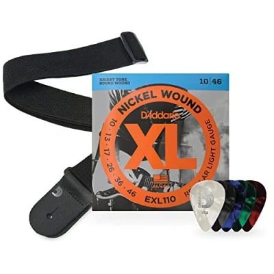 Imagen de D&#039;Addario Kit de Cuerdas Para Guitarra Eléctrica, Nickel Wound, Púas y Correa, 10 46 Calibre Fino, Polipropileno Negra, Pack Surtidas Celuloide Grosor Medio
