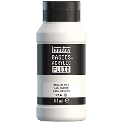 Imagen de Liquitex Basics Fluid Pintura acrílica de consistencia fluida, secado rápido, resistente a la luz, impermeable, acabado satinado permanente, bote 118 ml, blanco iridescente