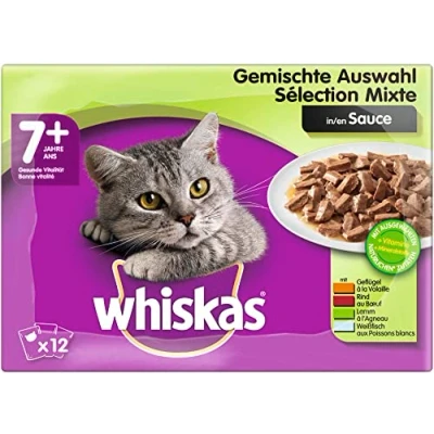 Imagen de Whiskas 7 + Comida para Gatos Selección Mixta en Salsa húmeda a Partir de años y Mayores la conservación vitalidad 48 Bolsas 100 g