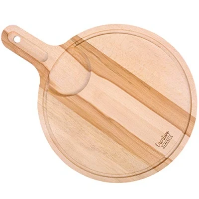 Imagen de Creative Home Plato para Pizza Tabla de Cortar Cocina Madera Redonda 40 x 30 1,5 cm Bandeja con Asa, Ranura, Espacio Cuenco Haya Natural Reversible Accesorio Servir Aperitivos