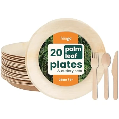 Imagen de HAAGO 80pc Palm Leaf Tableware &amp; Cutlery Set (20x Round 22cm Platos, 20x Cuchillos, Tenedores, Cucharas) Biodegradable y Desechables para Eventos al Aire Libre Apto Microondas