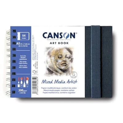 Imagen de Canson Cuaderno Profesional, Papel Mixed Media, Grano Fino, 300 g, Espiral, A5, Blanco, 28 hojas, C31200L006