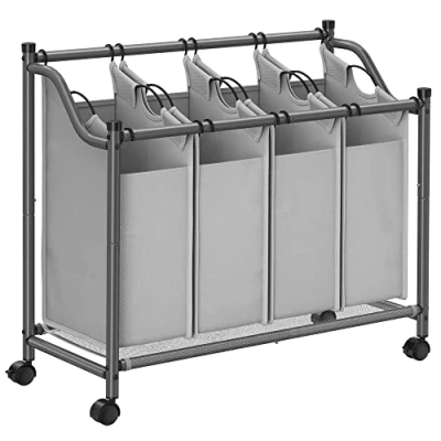 Imagen de SONGMICS Cesto para Ropa Sucia con Ruedas, Carrito Lavandería 4 Bolsas Extraíbles, Cesta Ropa, Carro de Cuarto Lavado, Dormitorio, Baño, x 35 L, Gris Paloma LSF005GS