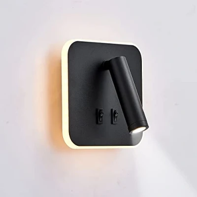 Imagen de uksunvi lámpara de pared LED, lectura junto a la cama, lámparas LED 12 W, foco ajustable （3 W + 9 3000 K luz cálida） (negro cuadrado)