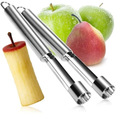 Imagen de COM FOUR® 2x Descorazonadores de manzana acero inoxidable con asa Para colgar manzanas y más (002 piezas descorazonador plateado)