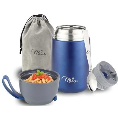 Imagen de Milu Termo para Comida 300ml 440m, 450ml 650ml 800ml Taza Aislada Botella de Acero Inoxidable Alimentos Beber y sopa los niños adultos A prueba fugas Térmico (450ml/Blu marino)