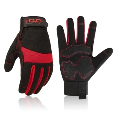 Imagen de HANDLANDY Guantes de trabajo seguridad antivibración para hombres y mujeres, parte trasera elastano flexible transpirable, guante utilidad pantalla táctil (XL, rojo)