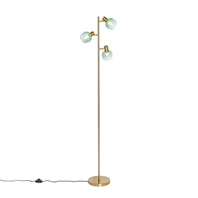 Imagen de Qazqa Art Déco Lámpara de pie Deco dorada con cristal verde 3 luces Vidro Acero/Alargada Adecuado para LED Max. x 25 Watt