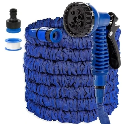 Imagen de FASCINATDECO Manguera Jardin Extensible 15 Metros, con Pistola Rociadora de 7 Funciones, Conectores 3/4&quot; y 1/2&quot; Sin Enredos Ideal para Jardinería Hogar (7.5M,Azul)