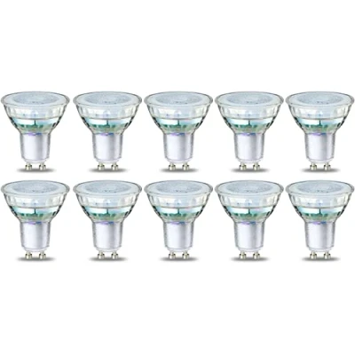 Imagen de Amazon Basics Bombilla de luz puntual GU10 tipo LED, 4 W (equivalente a 50 W), filamento transparente, no regulable, paquete 10, blanca cálida