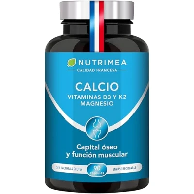Imagen de Calcio con Magnesio Vitamina D3 y K2 l Fortalece los Huesos Músculos Salud de Dientes 120 cápsulas Veganas Nutrimea Fabricado en Francia