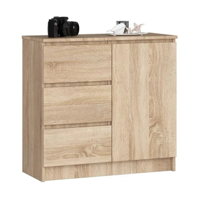 Imagen de AKORD Cómoda Jerry Cajonero con 1 Puerta 3 Cajones 2 Estantes Credenza Alta 80 cm 80x35x77 Roble Sonoma